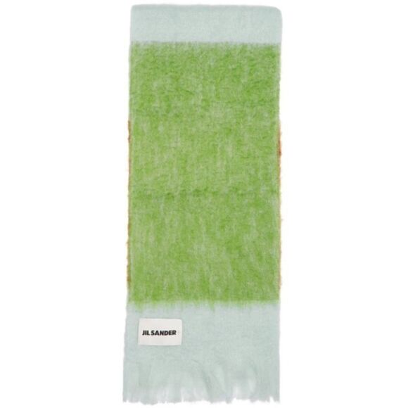 NWOT Jill Sander Tricolor Wool/Mohair Fringed Scarf. Blue/Green/Brown. - Picture 2 of 6